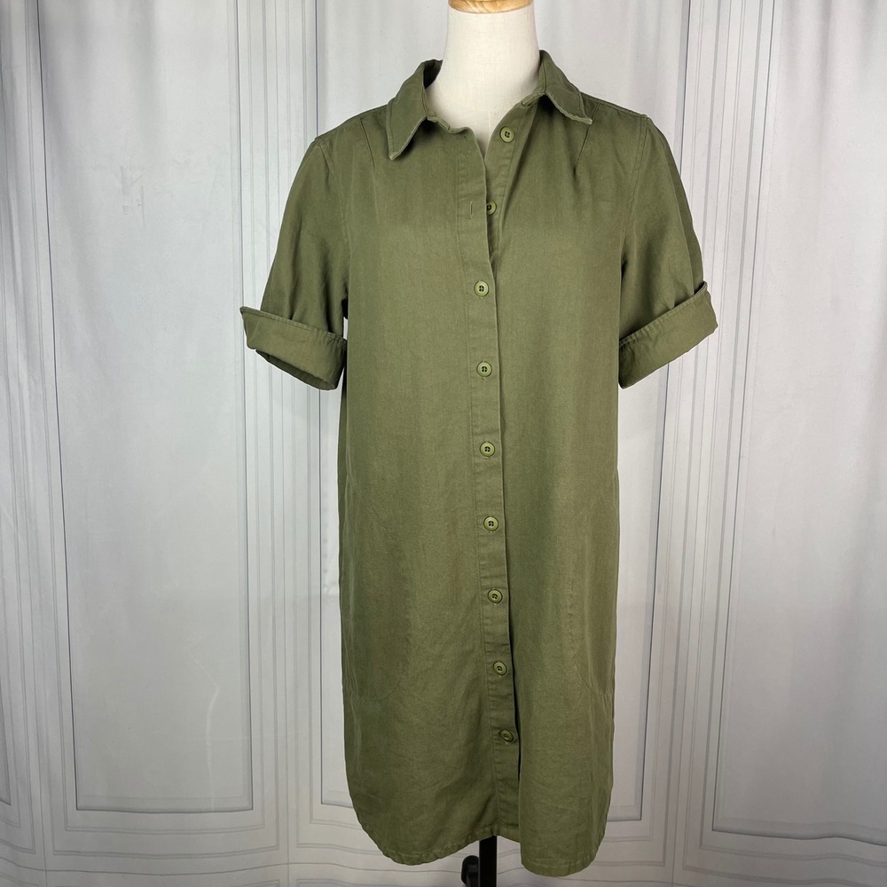 Lilla P - Cuff Shirt Dress‎ - 100% Cotton - Collared - Olive Green - Medium.